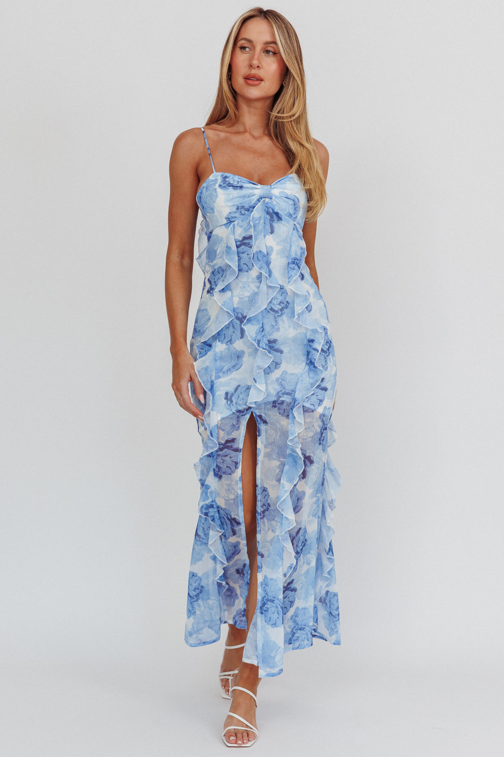 Frannie Vertical Ruffle Maxi Dress Floral Blue by Selfie Leslie