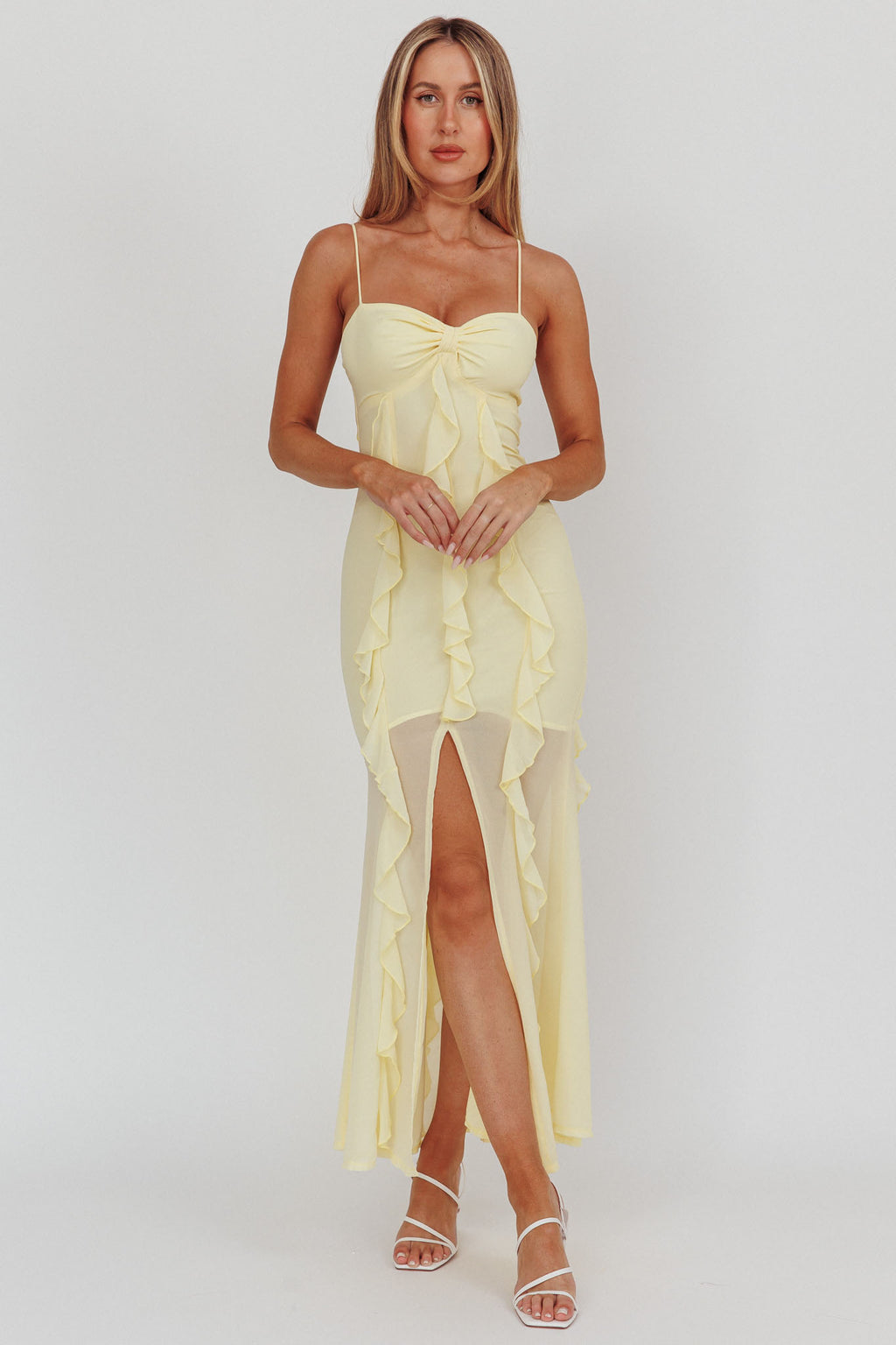 Frannie Vertical Ruffle Maxi Dress Lemon by Selfie Leslie