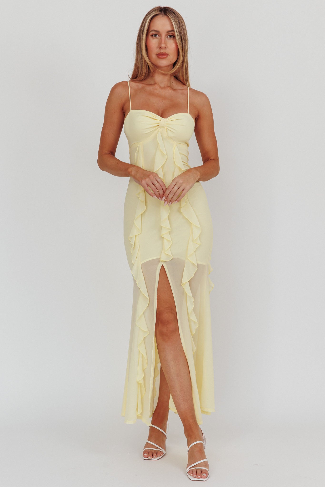 Frannie Vertical Ruffle Maxi Dress Lemon by Selfie Leslie