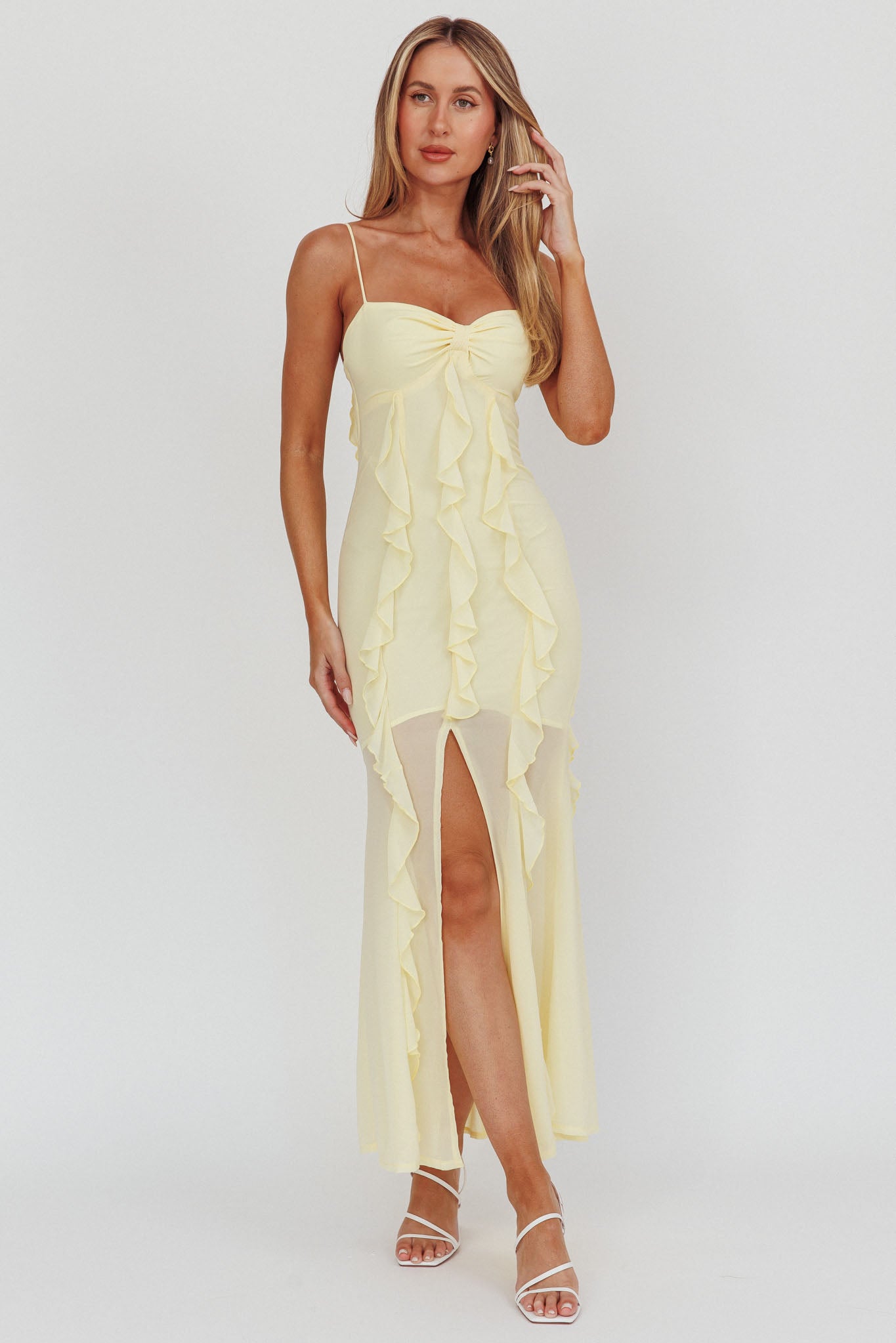 Frannie Vertical Ruffle Maxi Dress Lemon by Selfie Leslie