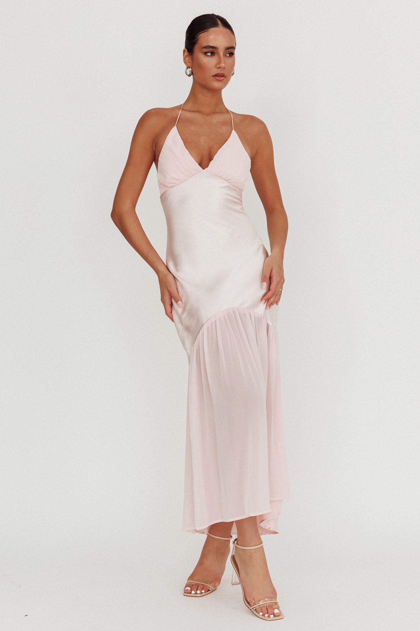 Aysah Chiffon Hem Halter Maxi Dress Pink Aysah Chiffon Hem Halter Maxi Dress Pink