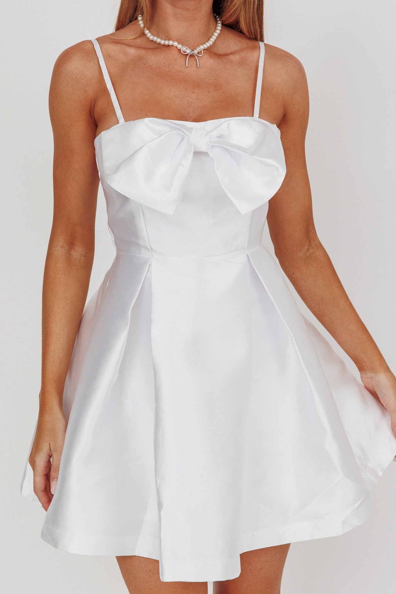 Love Talk Flared Bow Mini Dress White by Selfie Leslie
