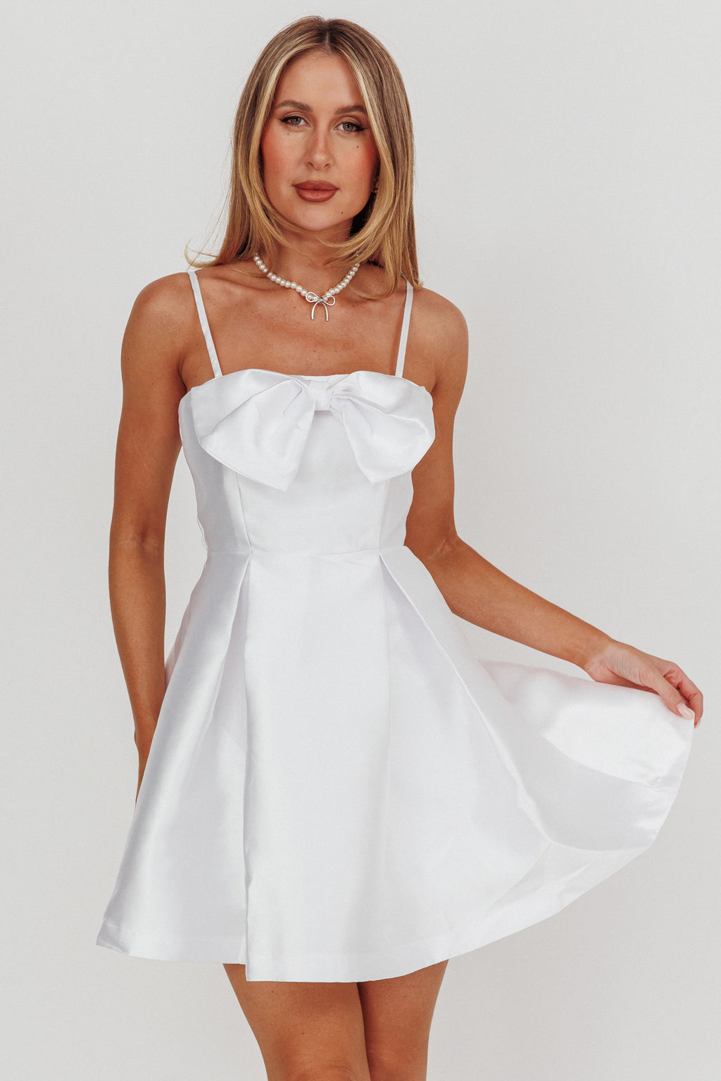 Love Talk Flared Bow Mini Dress White by Selfie Leslie