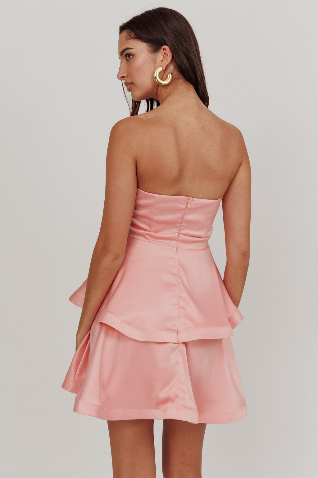 Alix Strapless Tiered Ruffle Mini Dress Rose Pink by Selfie Leslie