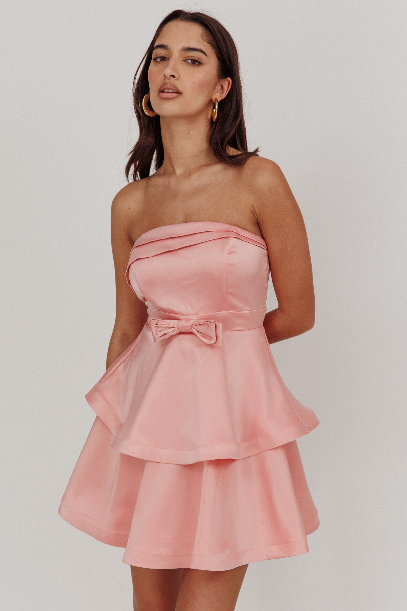 Alix Strapless Tiered Ruffle Mini Dress Rose Pink by Selfie Leslie