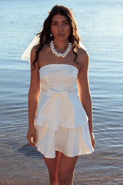 alix strapless twist front bubble mini dress Alix Strapless Tiered Ruffle Mini Dress White