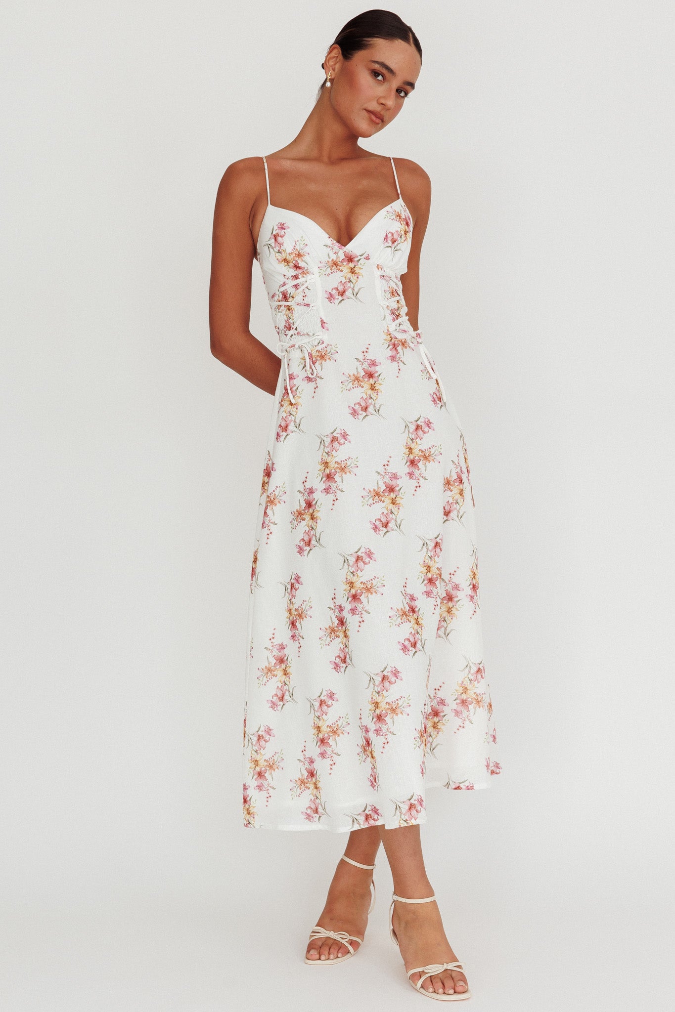 Kalaya Lace-Up Waist Midi Dress Floral by Selfie Leslie