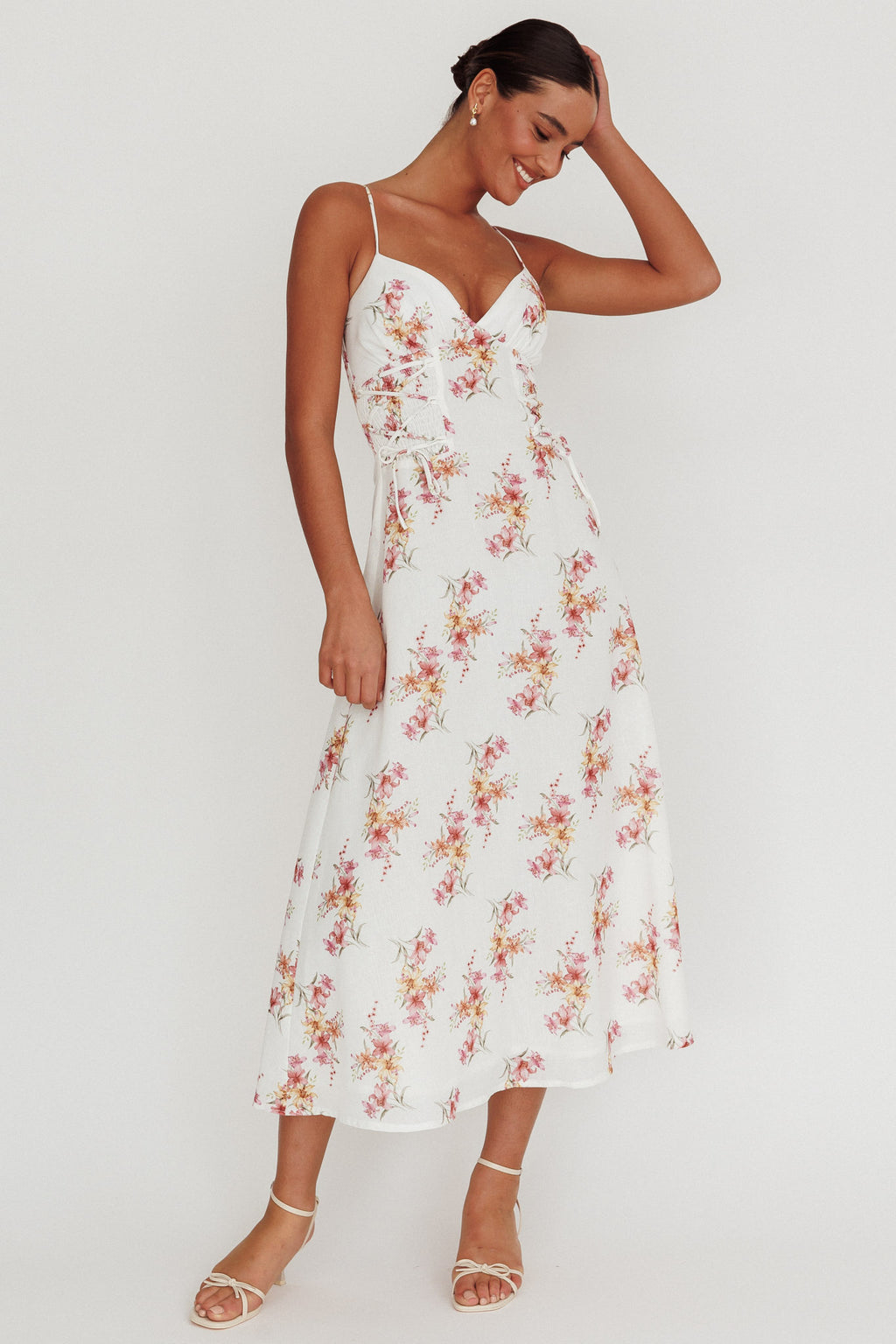 Kalaya Lace-Up Waist Midi Dress Floral by Selfie Leslie