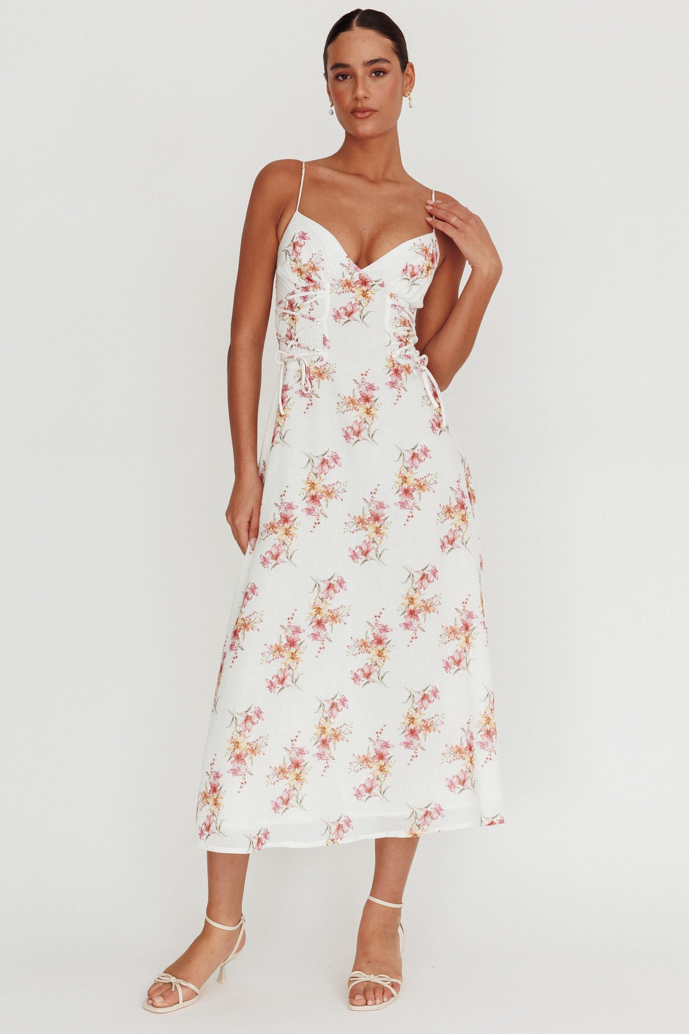 Kalaya Lace-Up Waist Midi Dress Floral by Selfie Leslie