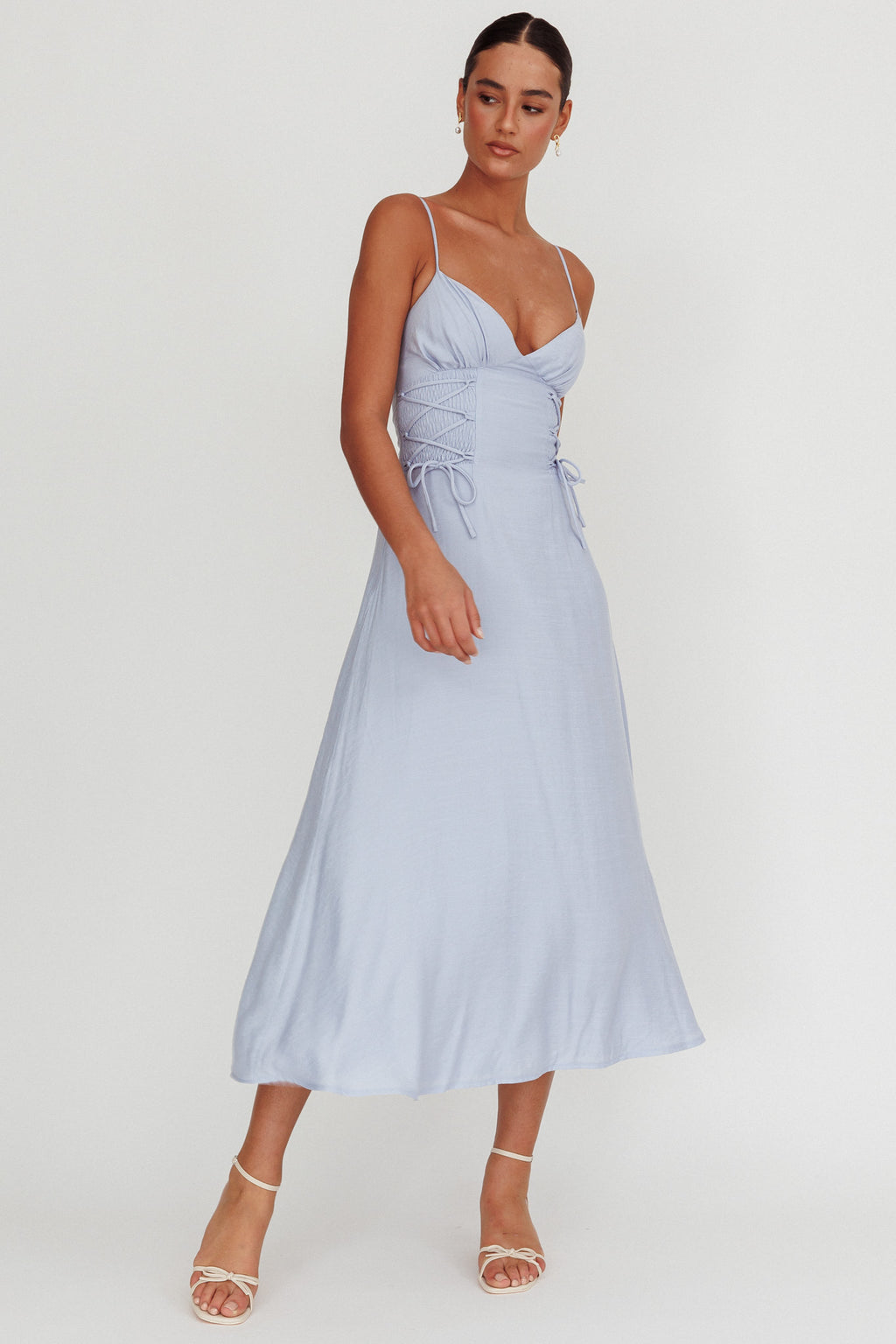 Kalaya Lace-Up Waist Midi Dress Light Blue by Selfie Leslie