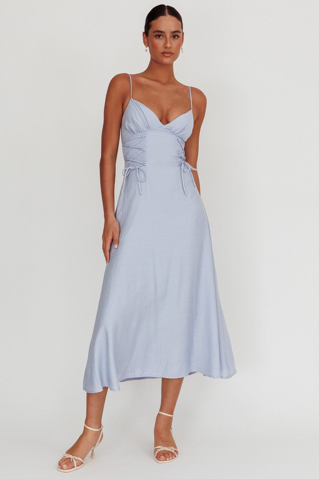 Kalaya Lace-Up Waist Midi Dress Light Blue by Selfie Leslie