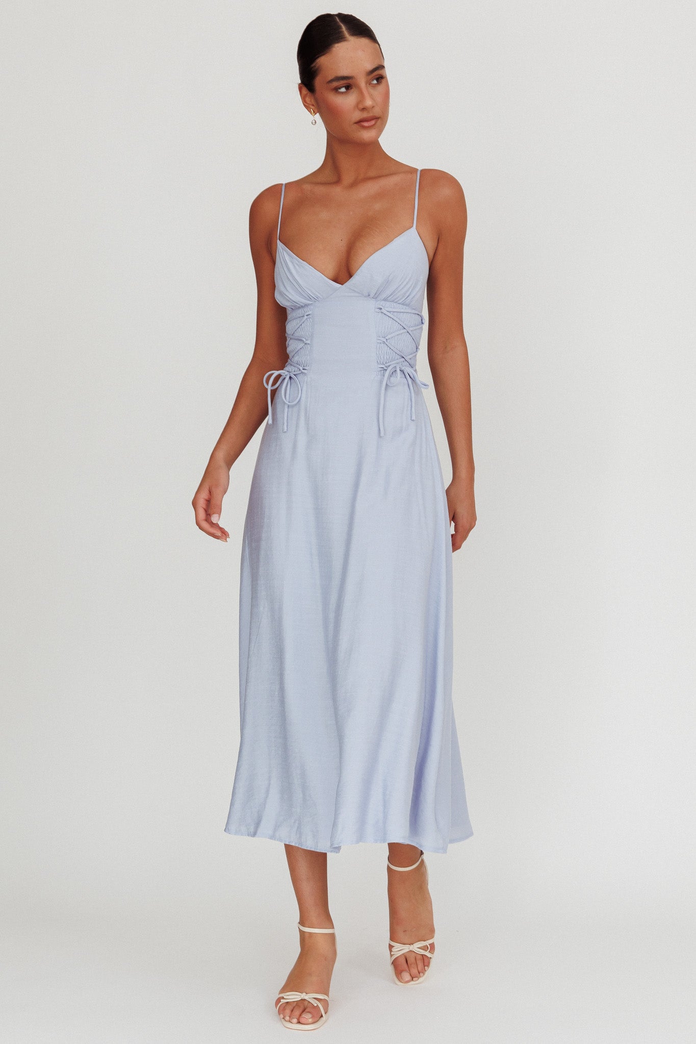 Kalaya Lace-Up Waist Midi Dress Light Blue by Selfie Leslie