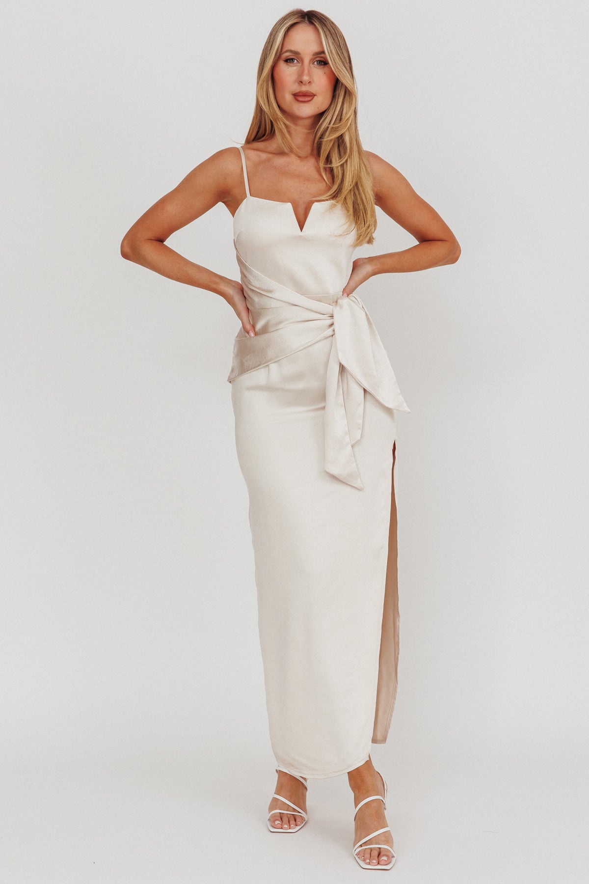 maxi champagne satin dress Celestine Waist Tie Light Style with the matching brasilianactivewear Color:Wine red Franciska Sheer Blouson Mini