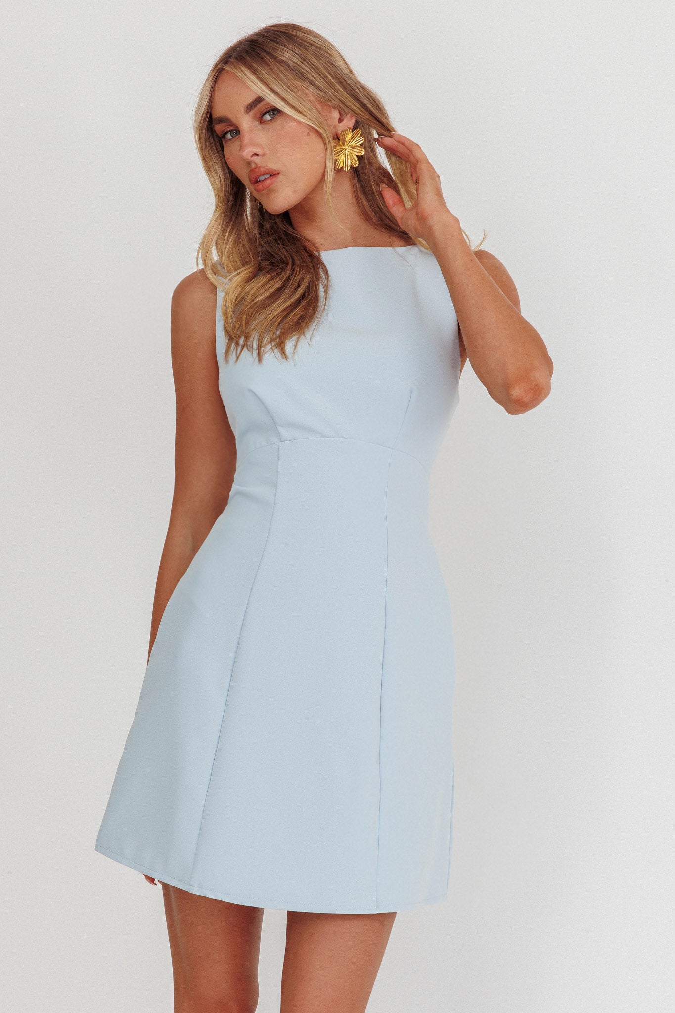 Shop the Shannon Boat Neck Sleeveless Mini Dress Light Blue