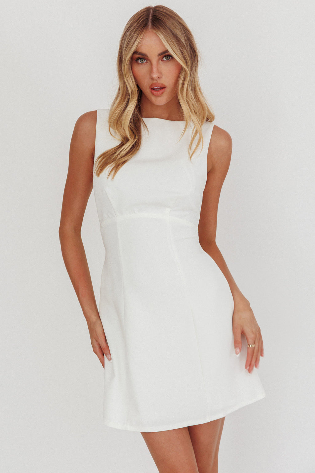Shannon Boat Neck Sleeveless Mini Dress White by Selfie Leslie