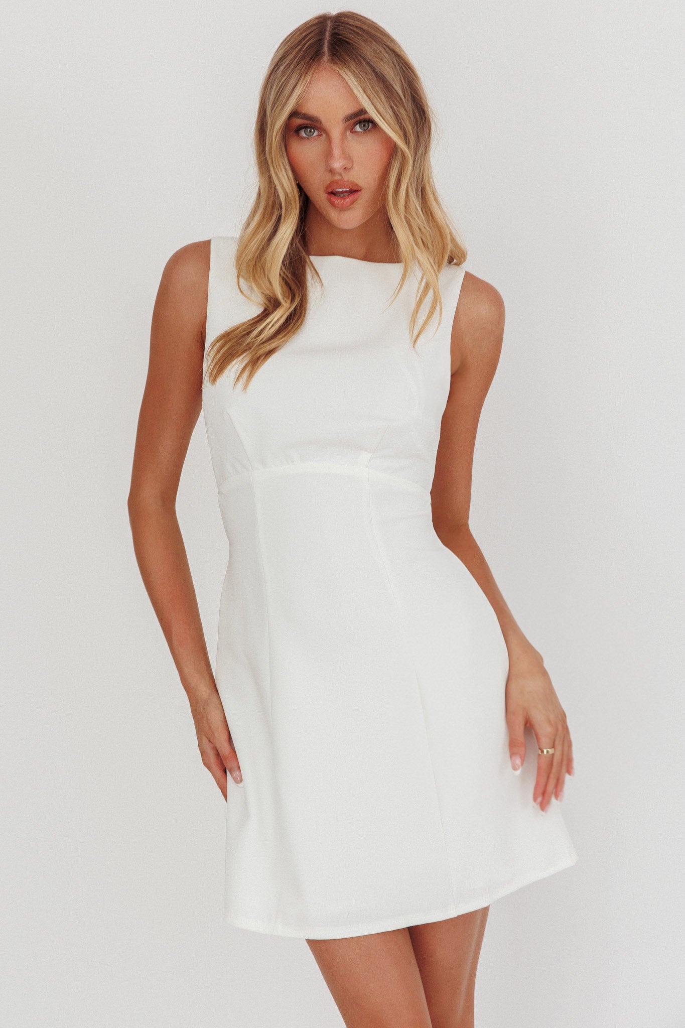 Shannon Boat Neck Sleeveless Mini Dress White by Selfie Leslie