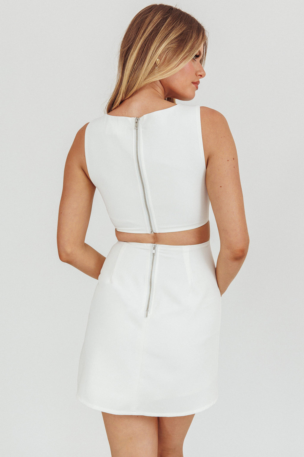 Shannon Boat Neck Sleeveless Mini Dress White by Selfie Leslie