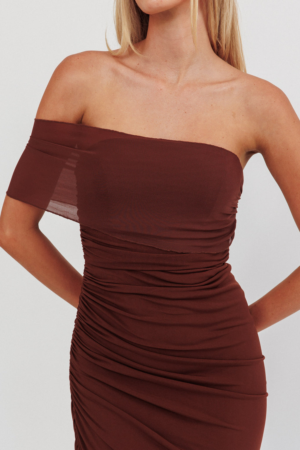 Matches One Shoulder Bodycon Maxi Dress Chocolate by Selfie Leslie
