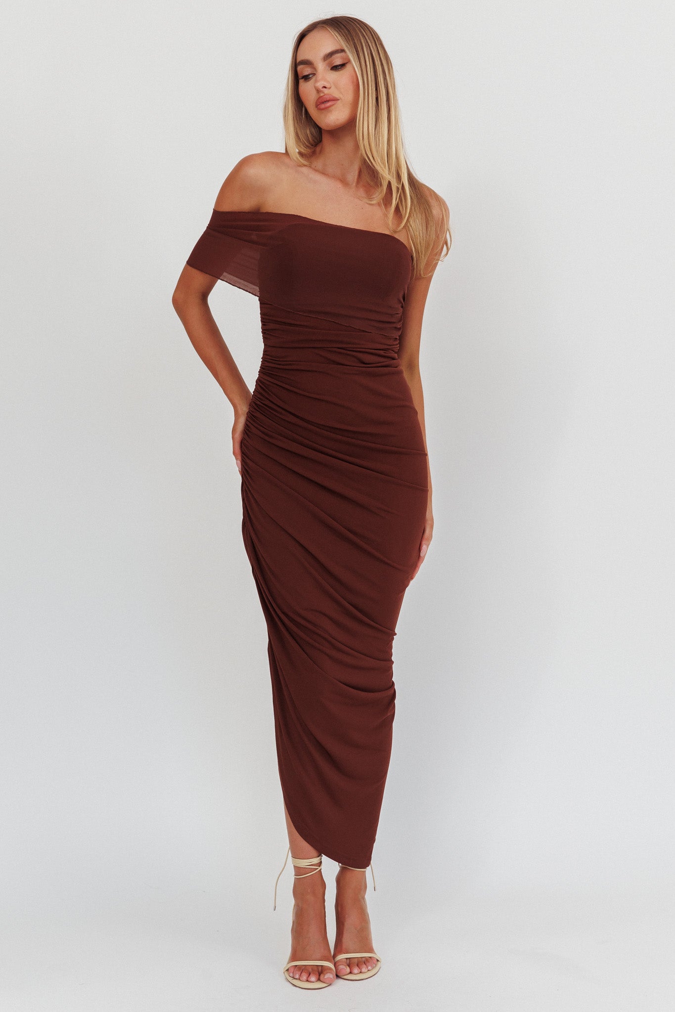 Shop the Matches One Shoulder Bodycon Maxi Dress Chocolate
