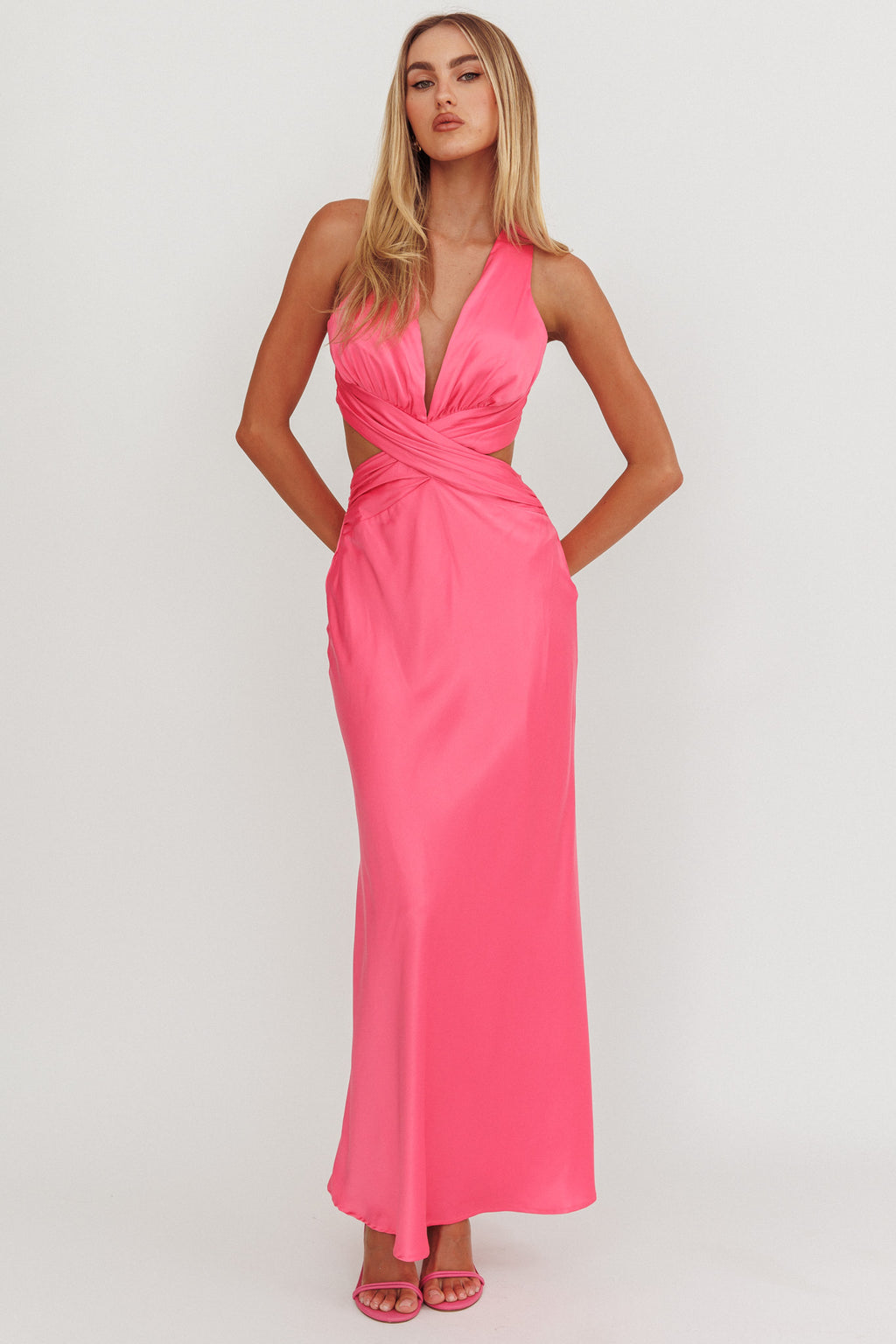 On And On Crossover Cut-Out Maxi Dress Hot Pink by Selfie Leslie