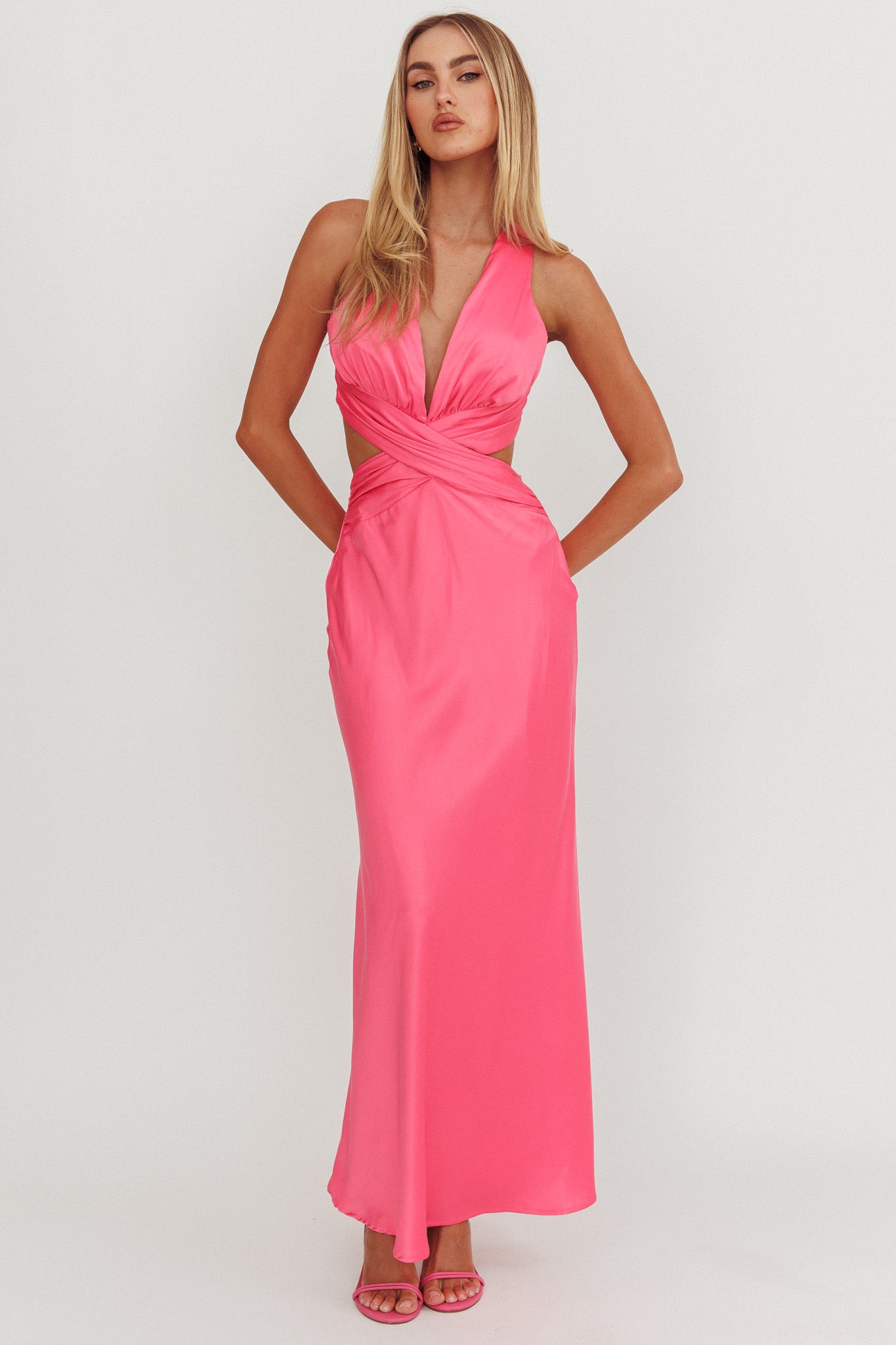 On And On Crossover Cut-Out Maxi Dress Hot Pink by Selfie Leslie