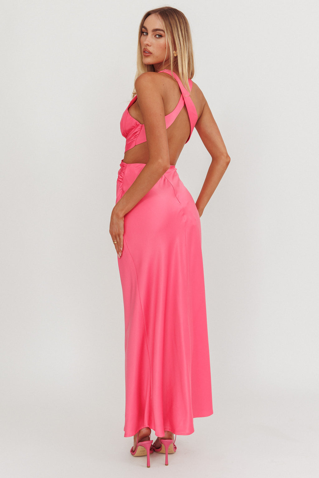 On And On Crossover Cut-Out Maxi Dress Hot Pink by Selfie Leslie