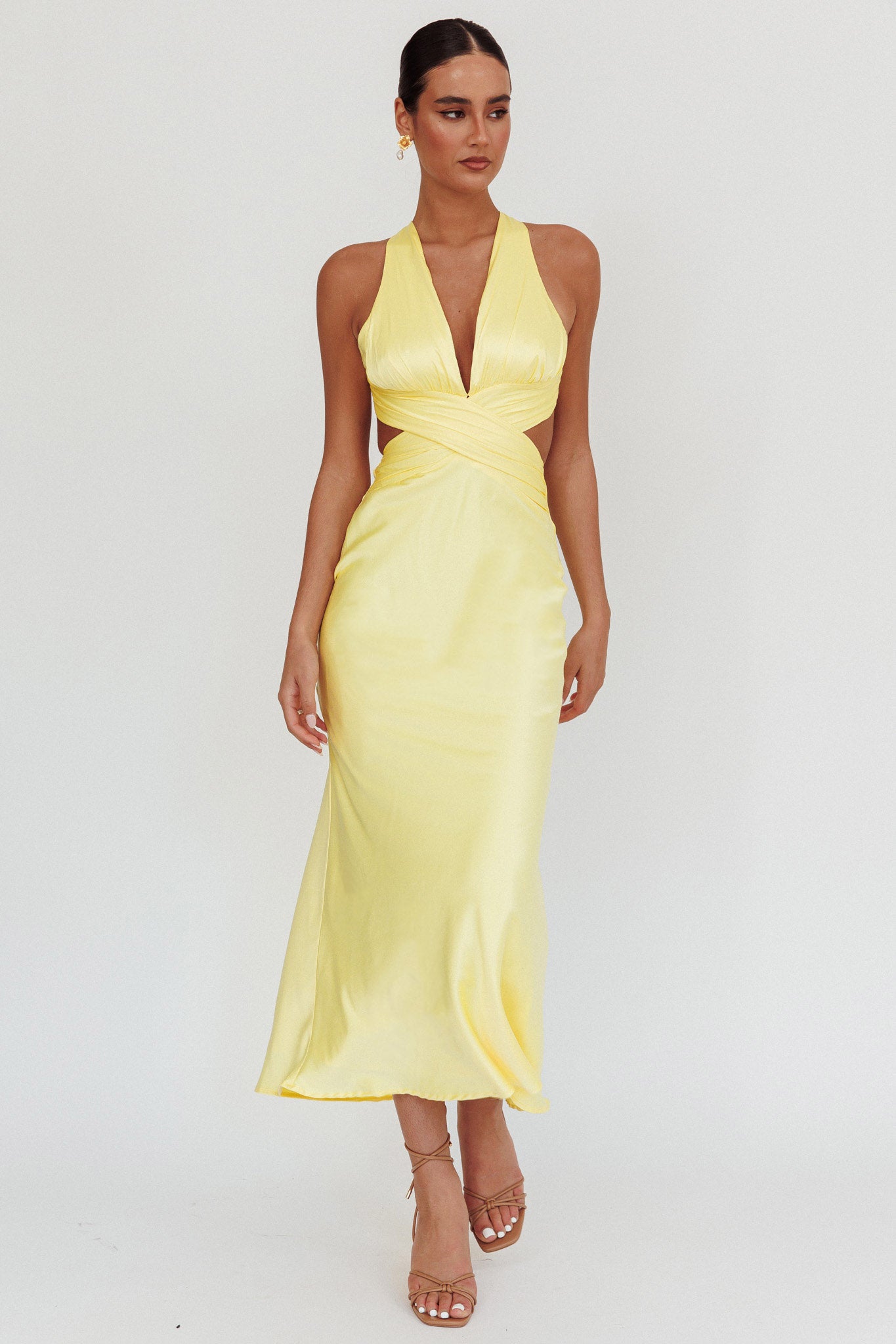 On And On Crossover Cut-Out Maxi Dress Lemon by Selfie Leslie