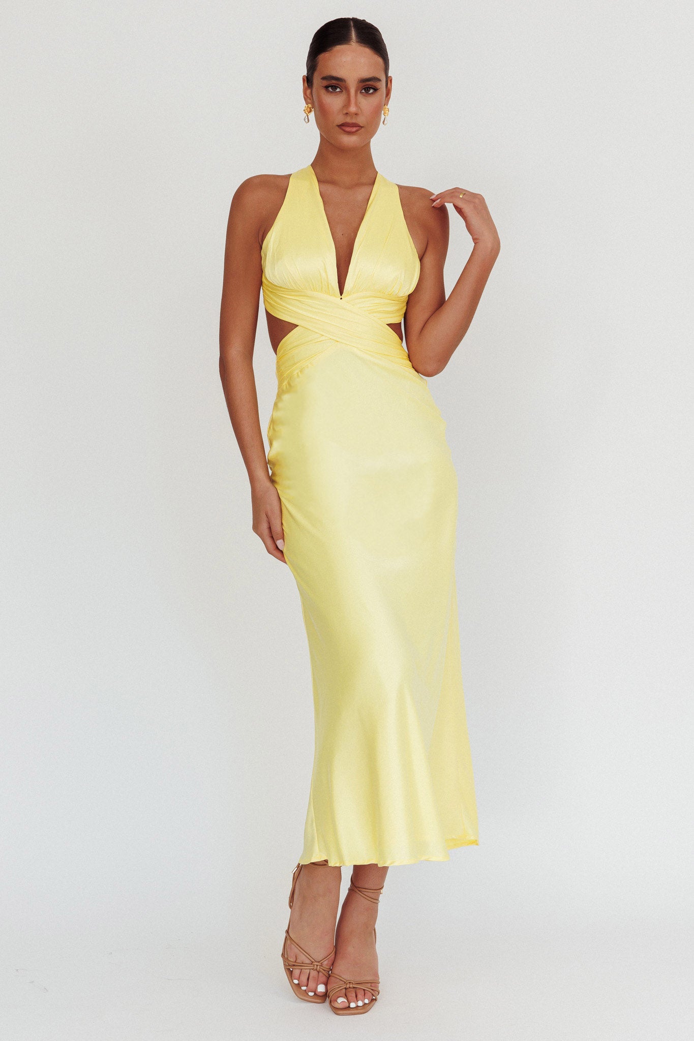 On And On Crossover Cut-Out Maxi Dress Lemon by Selfie Leslie