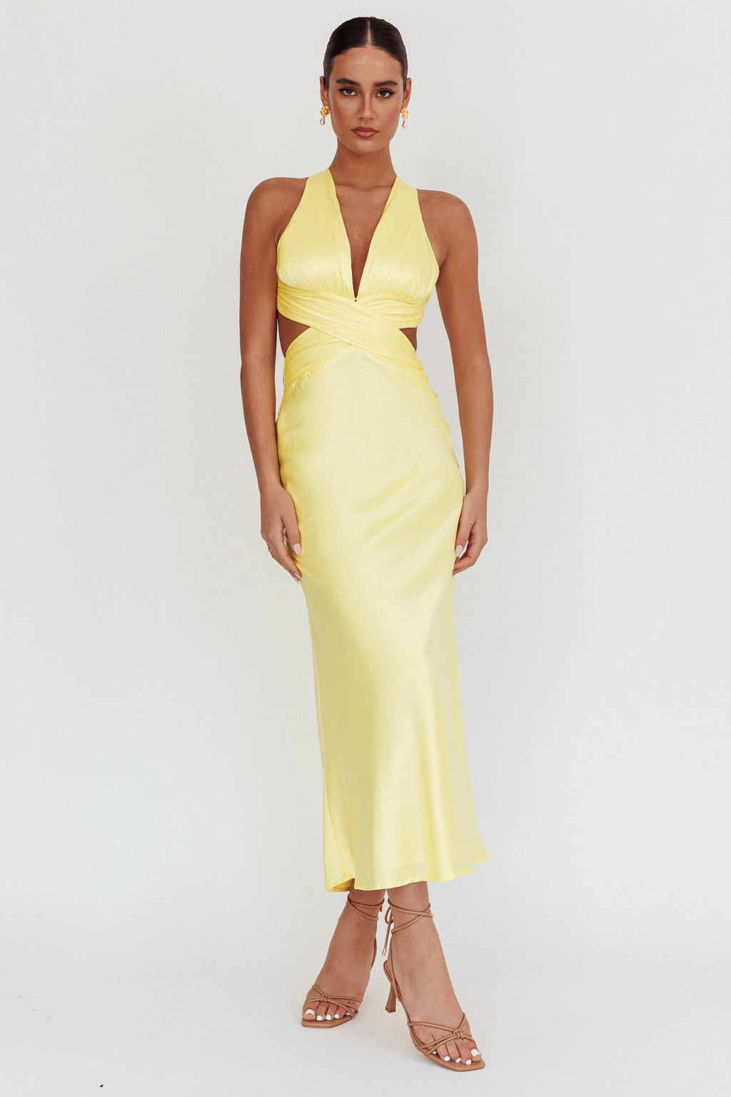 On And On Crossover Cut-Out Maxi Dress Lemon by Selfie Leslie