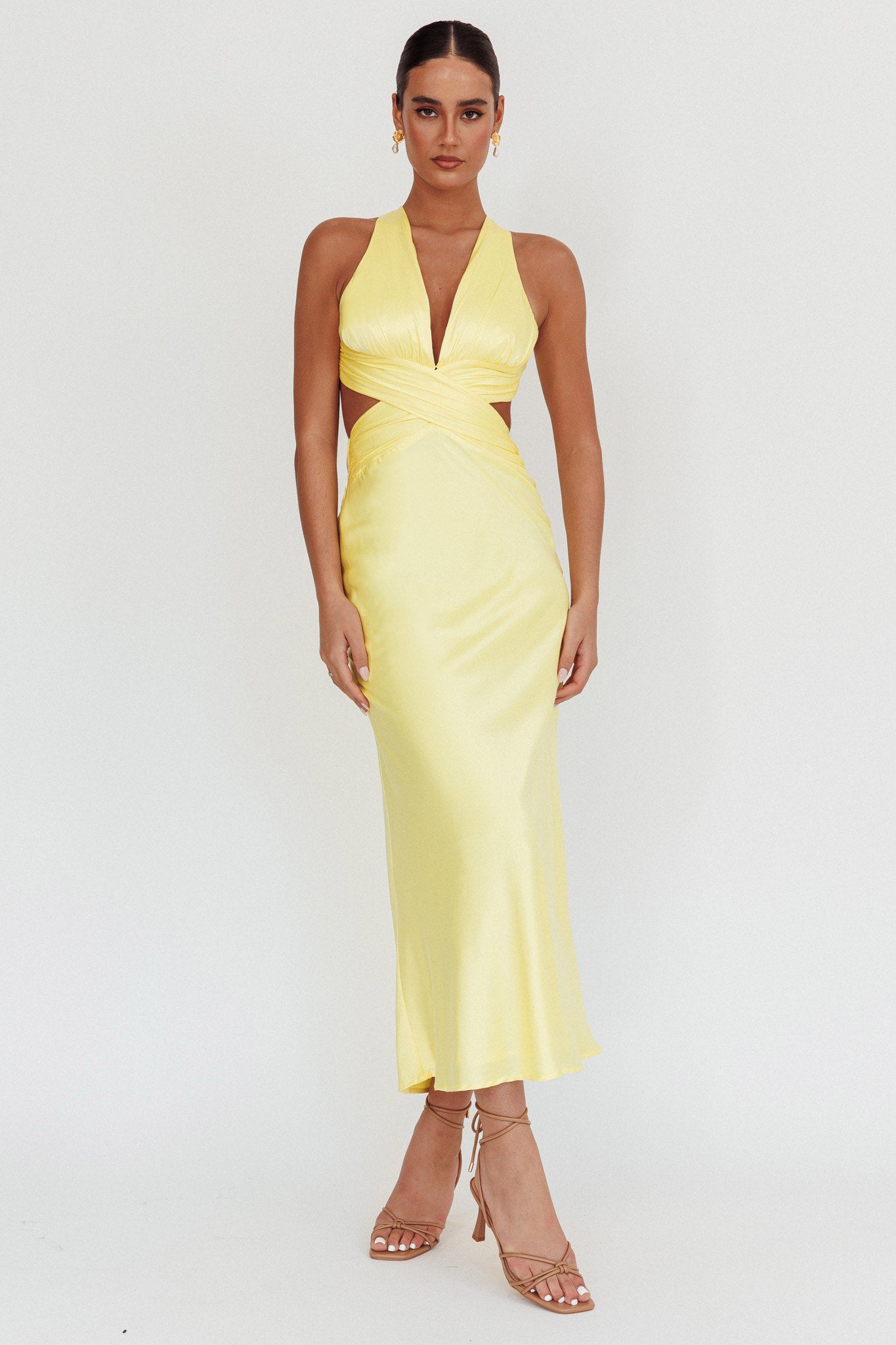 On And On Crossover Cut-Out Maxi Dress Lemon by Selfie Leslie