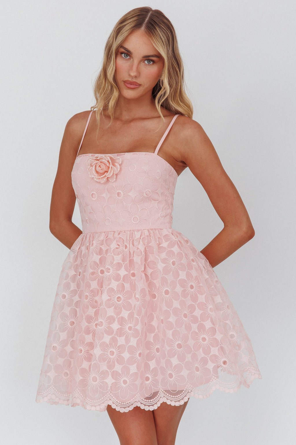 Bahia A-Line Square Neckline Mini Dress Lace Blush by Selfie Leslie