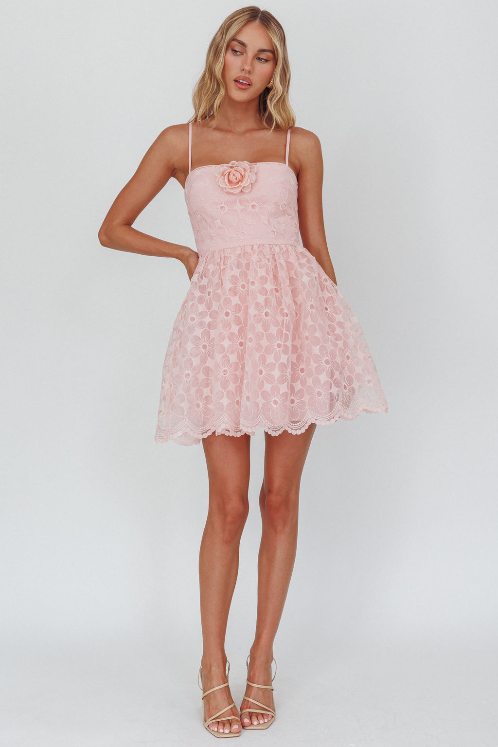 Bahia A-Line Square Neckline Mini Dress Lace Blush by Selfie Leslie