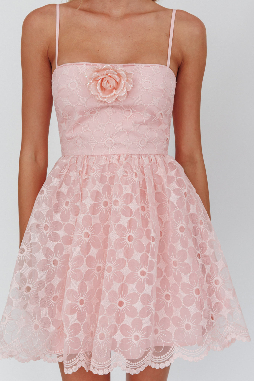 Bahia A-Line Square Neckline Mini Dress Lace Blush by Selfie Leslie