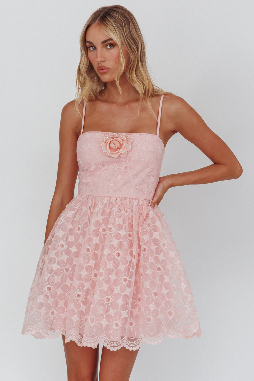 Bahia A-Line Square Neckline Mini Dress Lace Blush by Selfie Leslie