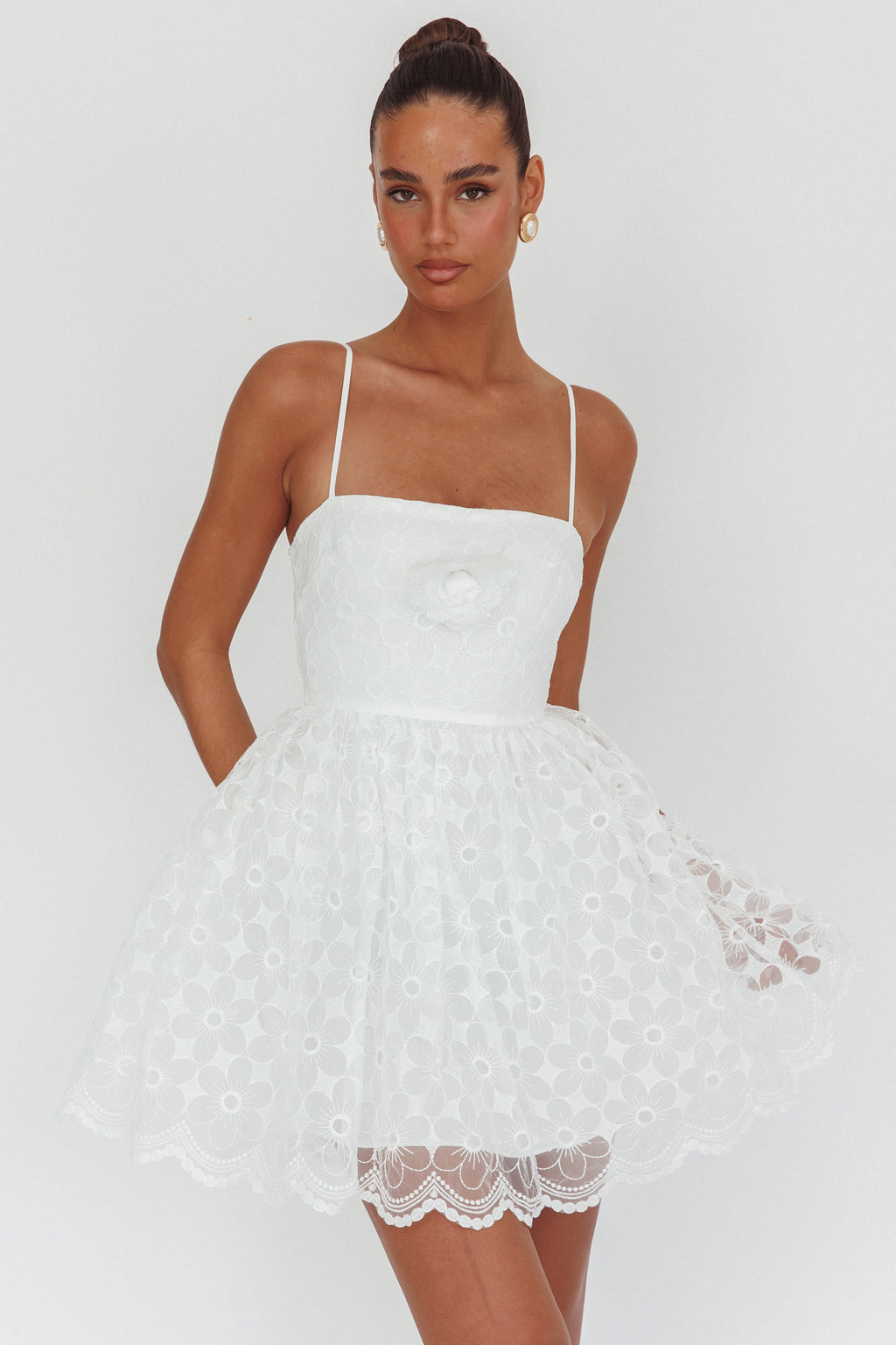 Bahia A-Line Square Neckline Mini Dress Lace White by Selfie Leslie