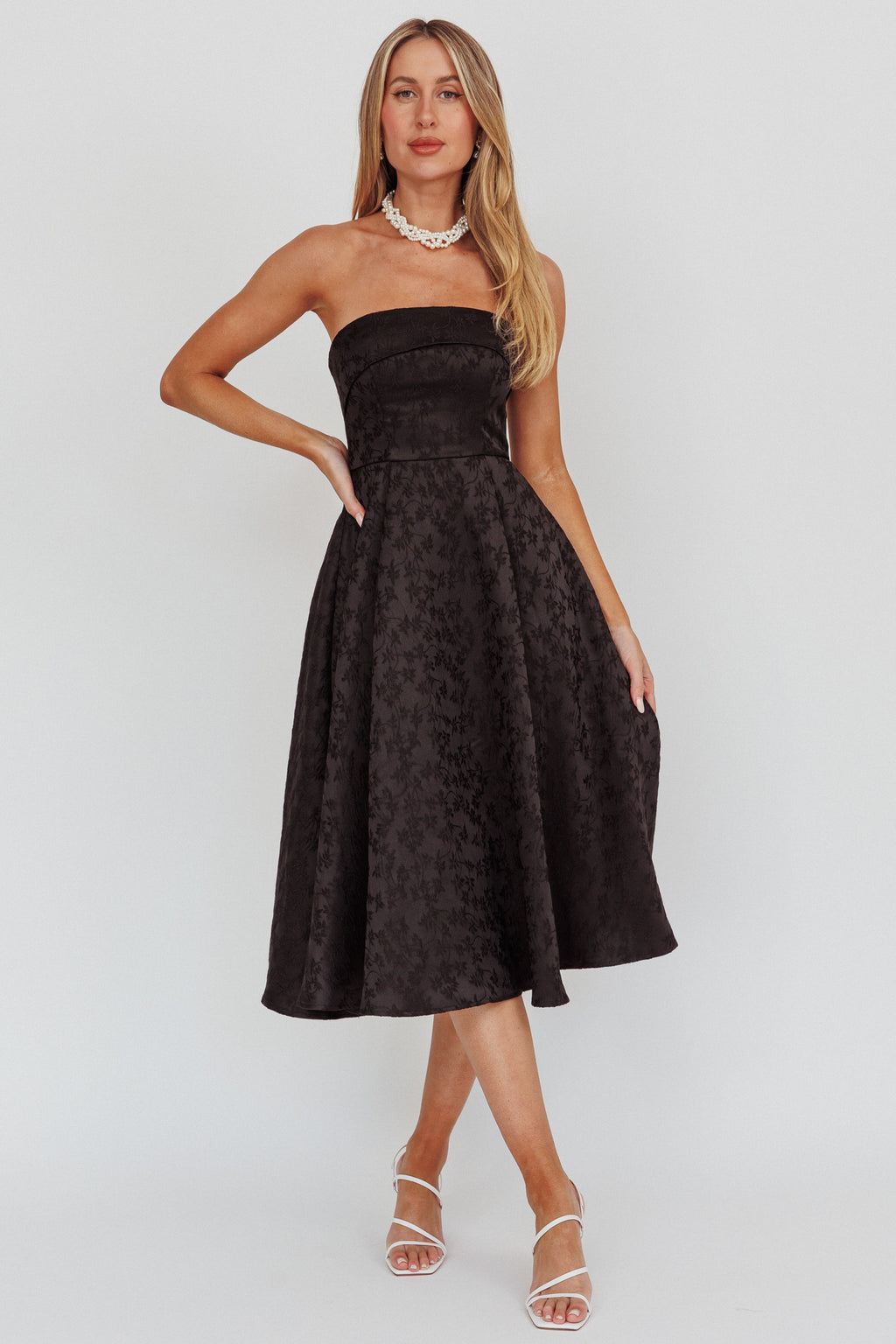 Worship Strapless A-Line Midi Dress Black by Selfie Leslie