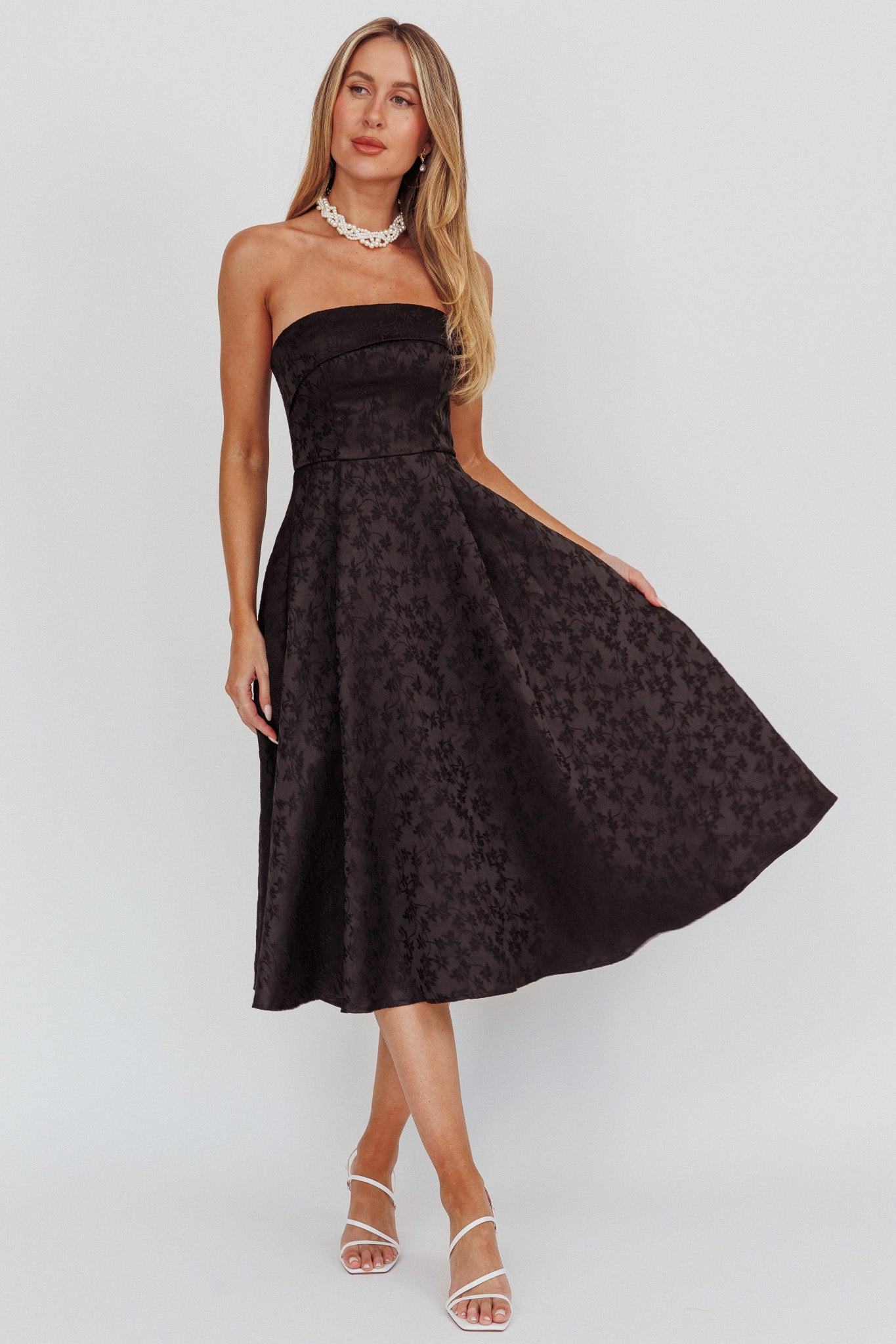 Worship Strapless A-Line Midi Dress Black by Selfie Leslie