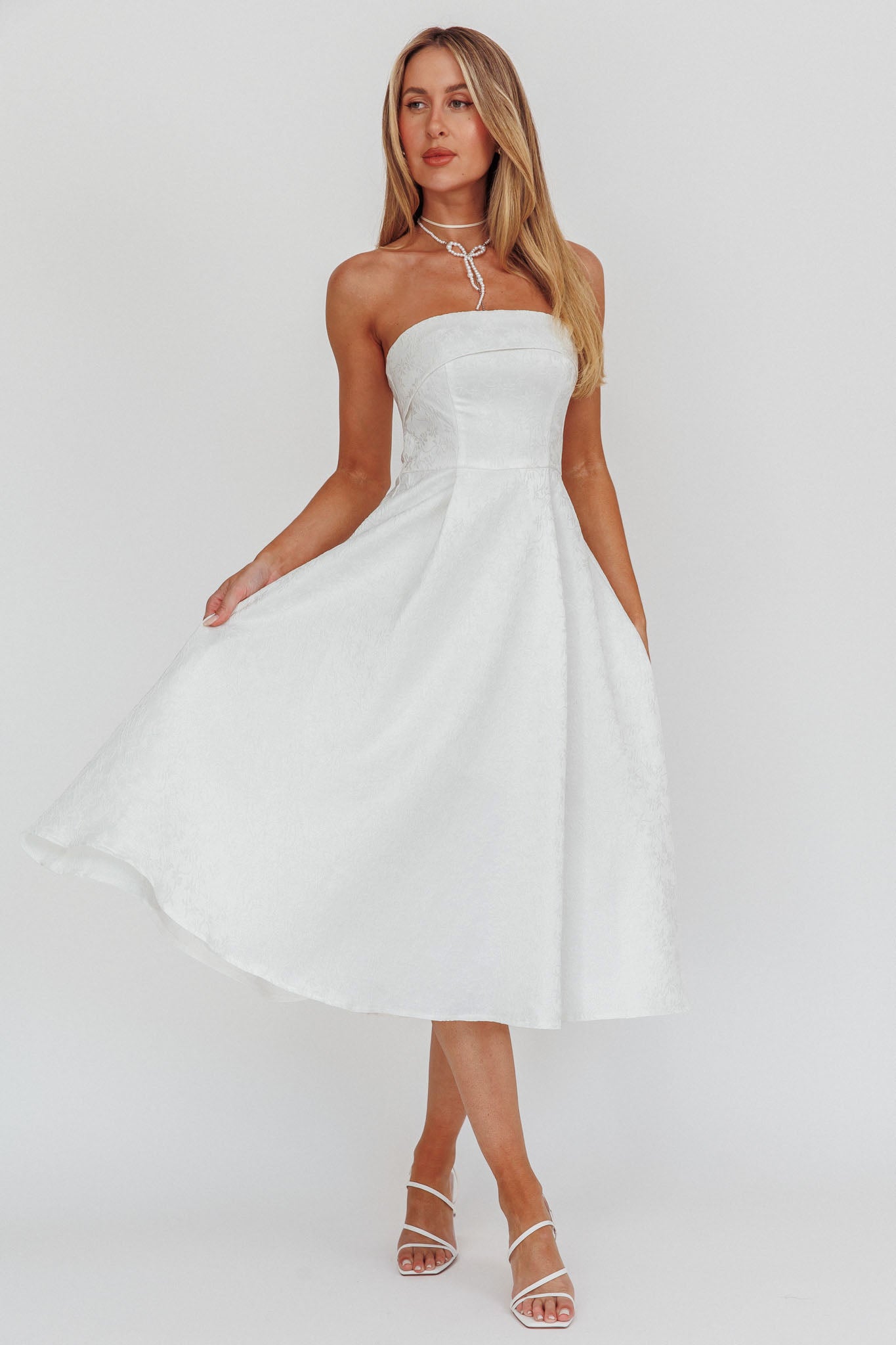 Worship Strapless A-Line Midi Dress White by Selfie Leslie