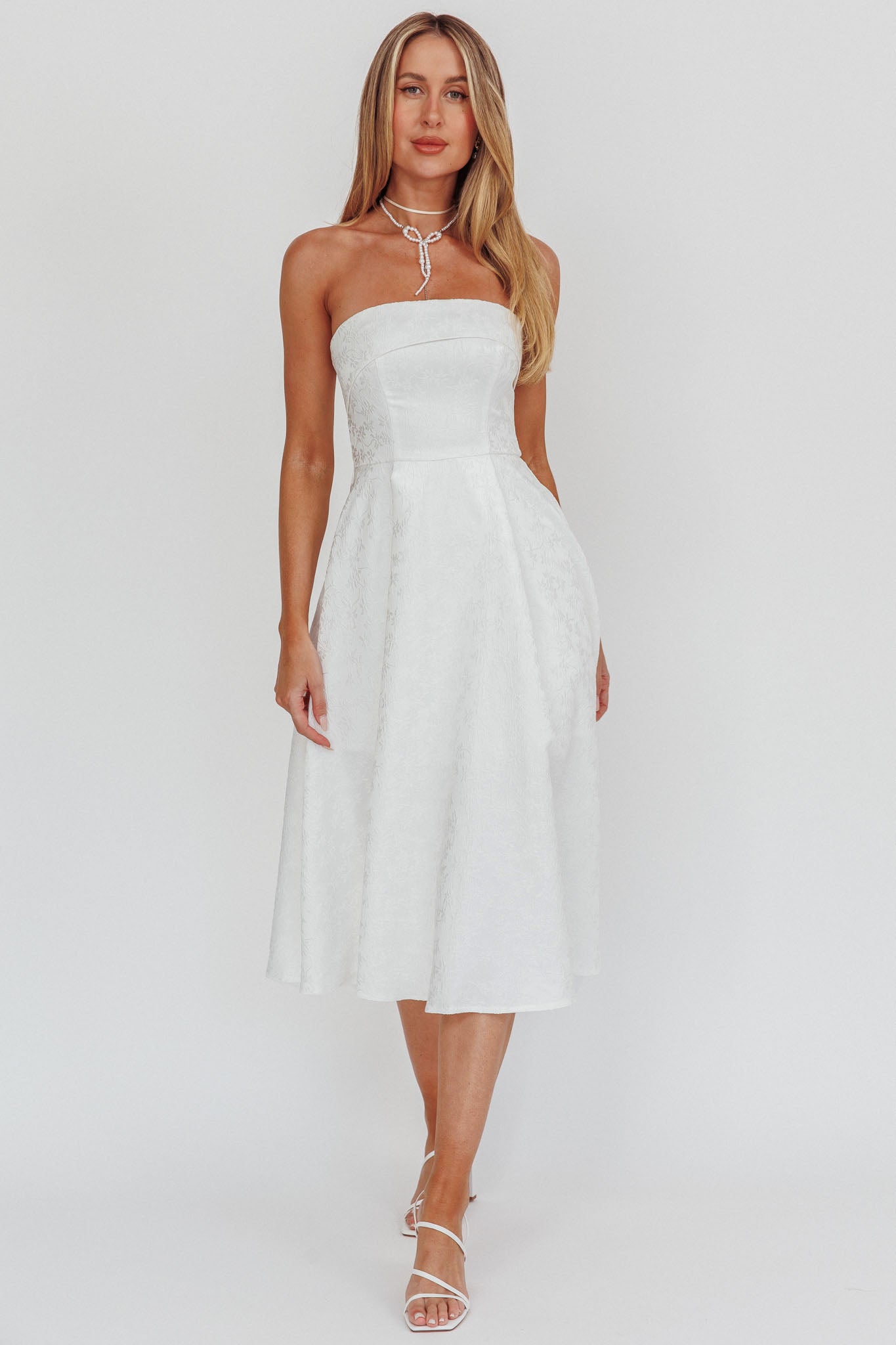 Worship Strapless A-Line Midi Dress White Worship Strapless A-Line Midi Dress White