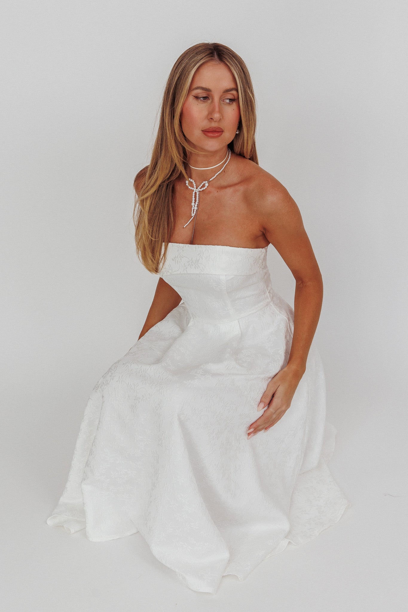Worship Strapless A-Line Midi Dress White Worship Strapless A-Line Midi Dress White