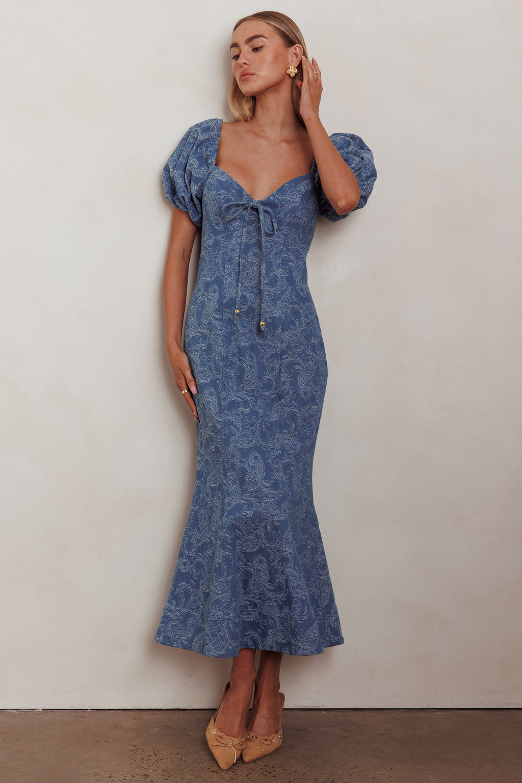 Feeling Electric Puff Sleeves Mermaid Maxi Dress Denim Blue by Selfie Leslie
