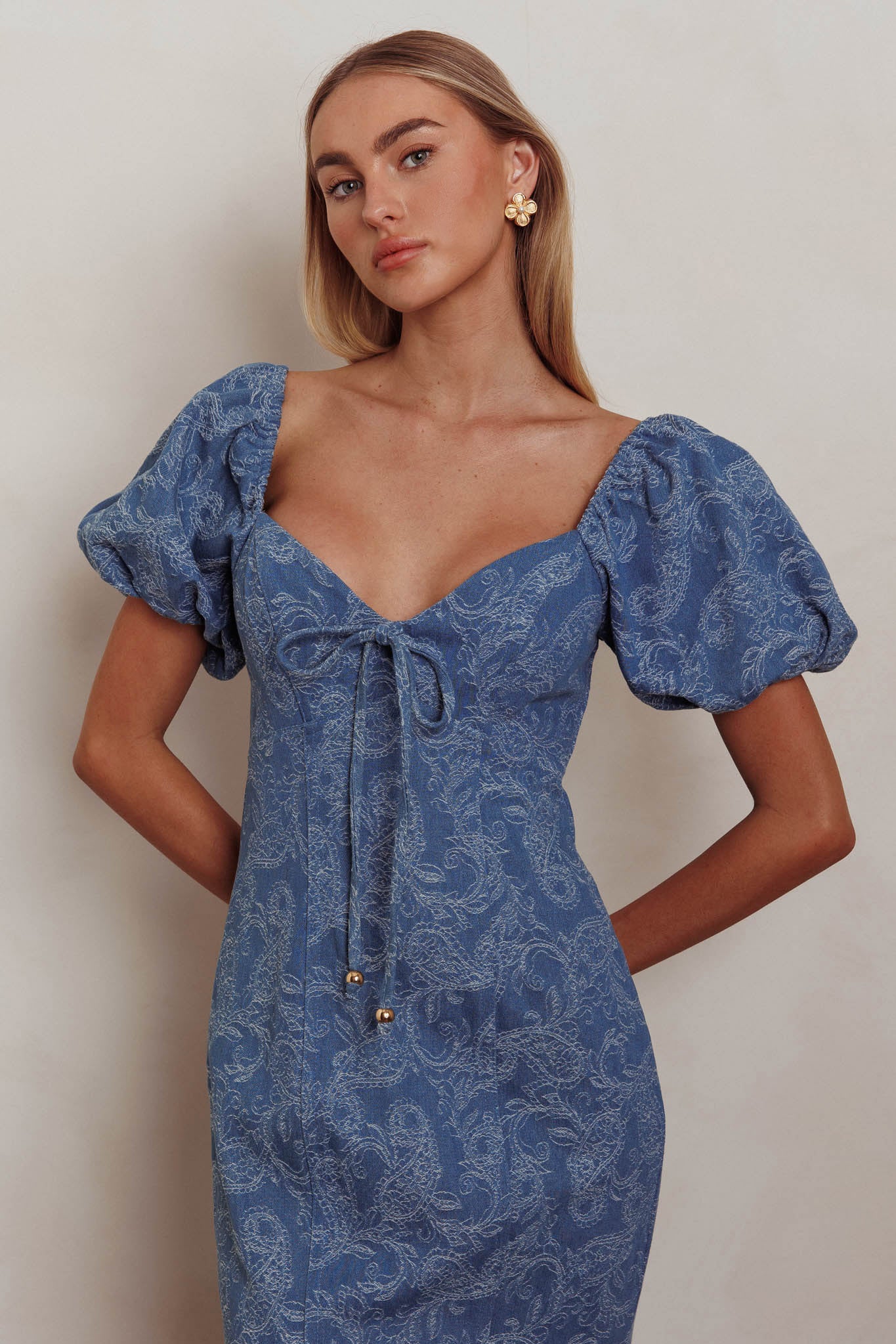 Feeling Electric Puff Sleeves Mermaid Maxi Dress Denim Blue - L Feeling Electric Puff Sleeves Mermaid Maxi Dress Denim Blue - L
