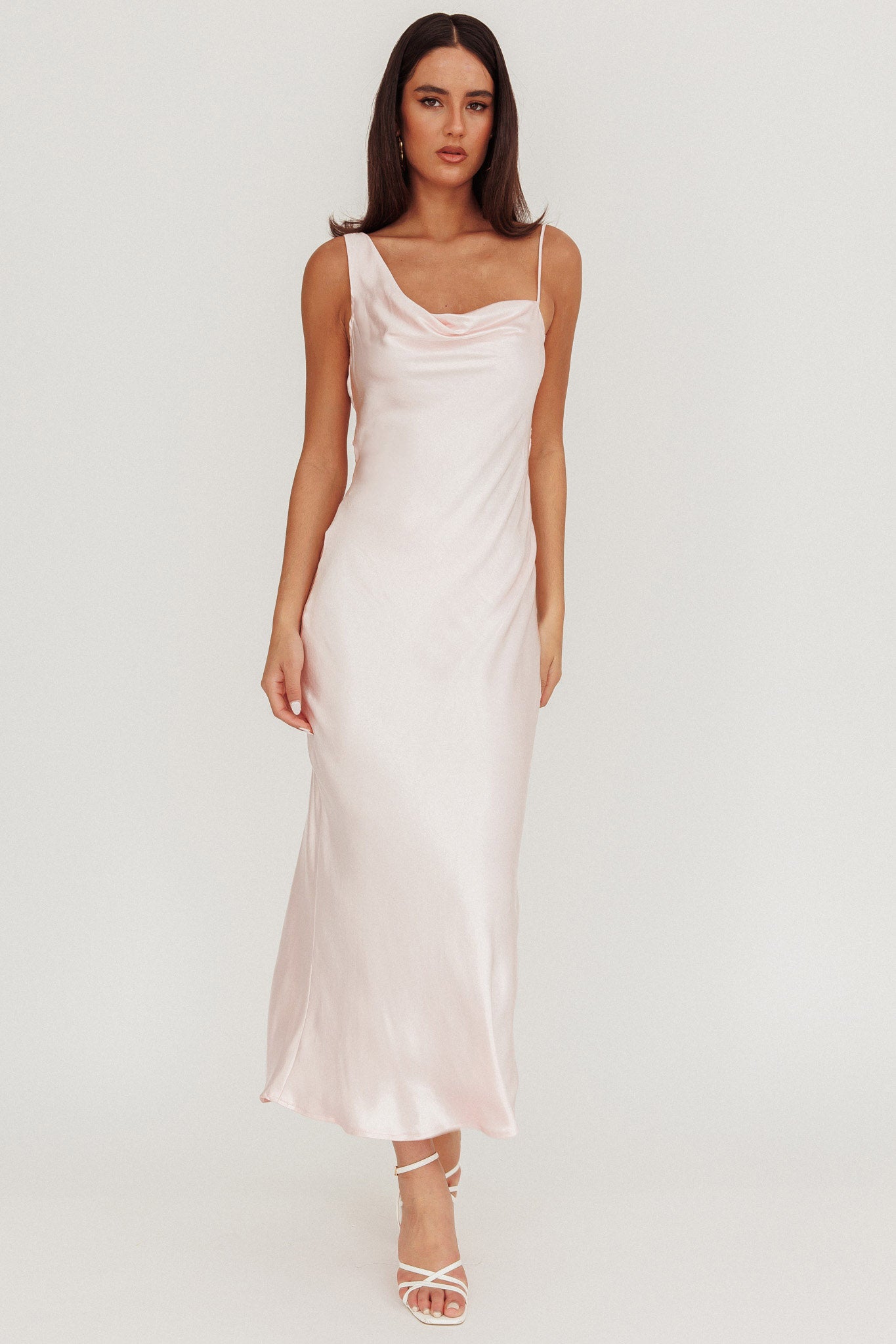 Treats Cowl Back Satin Maxi Dress Baby Pink by Selfie Leslie