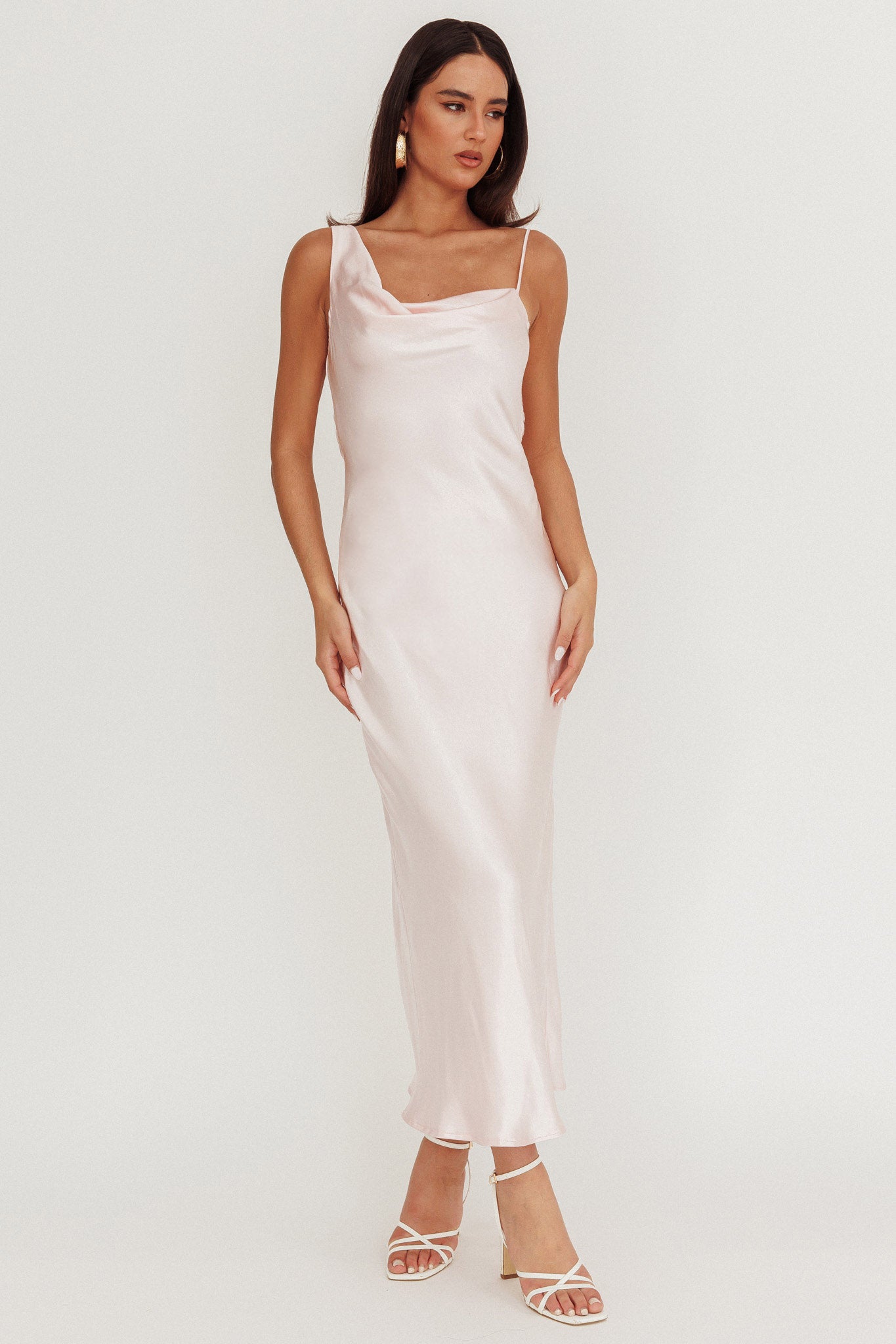 Treats Cowl Back Satin Maxi Dress Baby Pink by Selfie Leslie