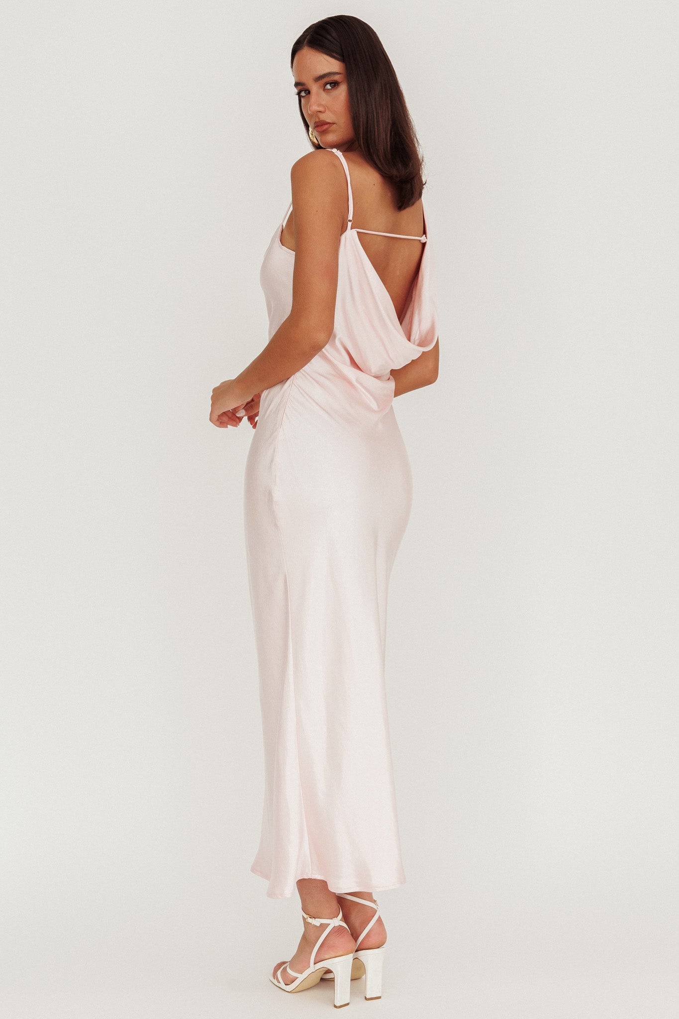 Treats Cowl Back Satin Maxi Dress Baby Pink by Selfie Leslie