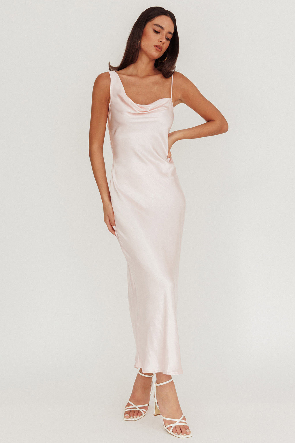 Treats Cowl Back Satin Maxi Dress Baby Pink by Selfie Leslie