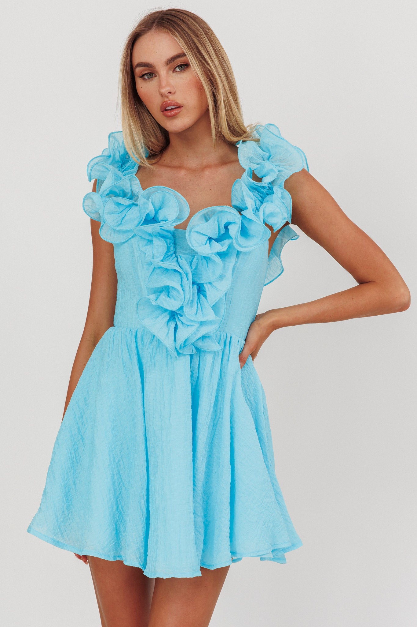 Nivaya Ruffle Neckline Mini Dress Ocean by Selfie Leslie