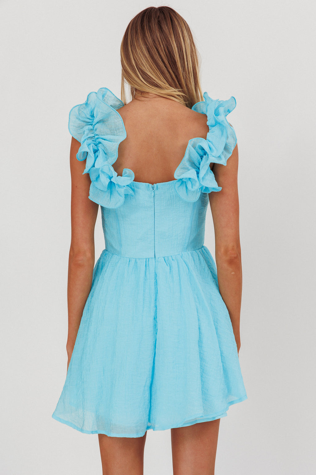 Nivaya Ruffle Neckline Mini Dress Ocean by Selfie Leslie