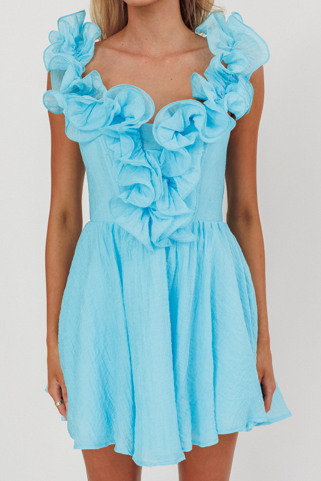 Nivaya Ruffle Neckline Mini Dress Ocean by Selfie Leslie
