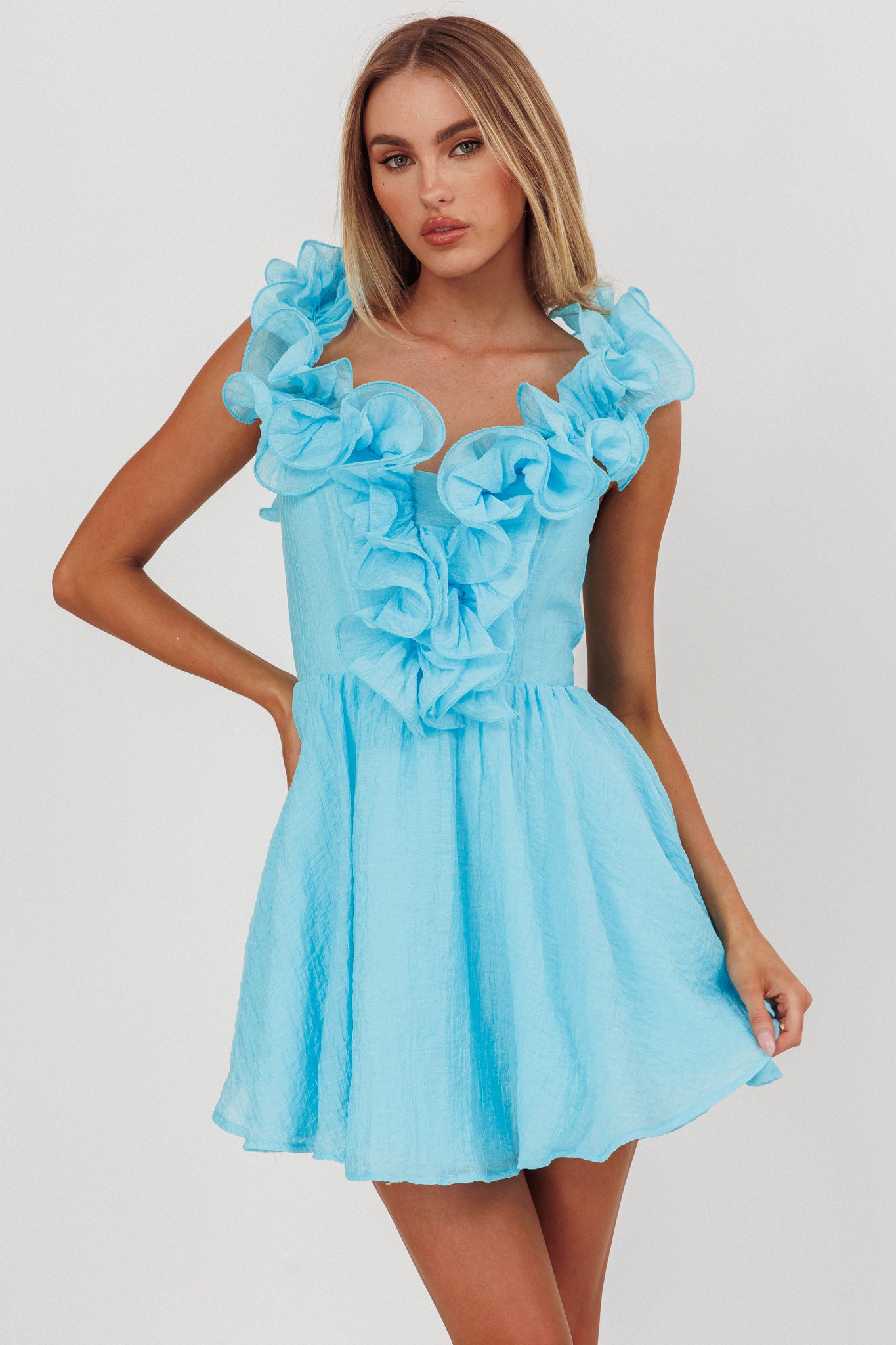 Nivaya Ruffle Neckline Mini Dress Ocean by Selfie Leslie